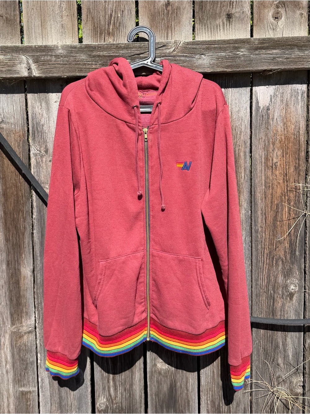 Red Zip-Up Hoodie with Rainbow Trim - Men's Casual Layer